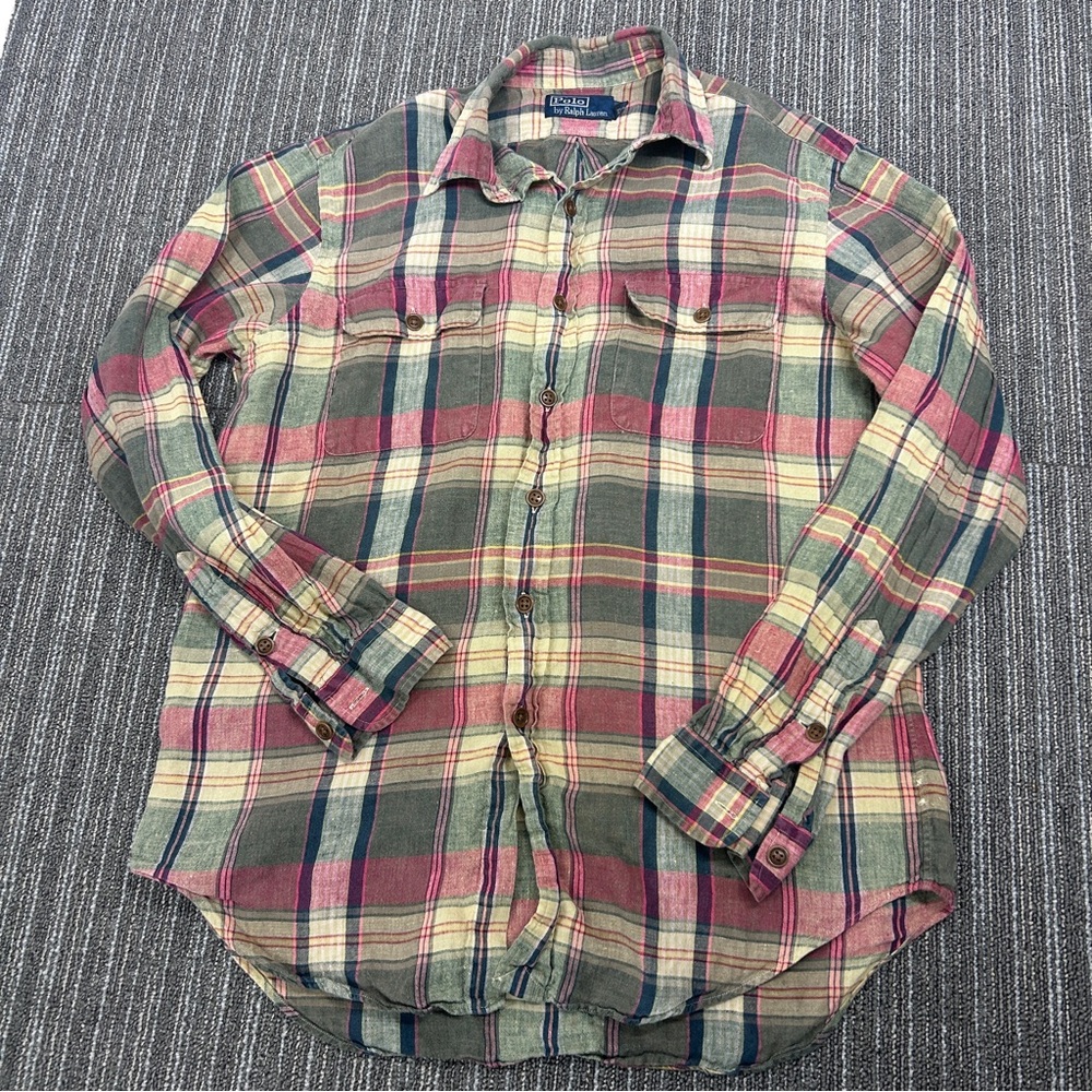 Ralph Lauren 100% Linen Red and Green Casual Button Down Shirt